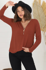 Cecile Top - Zipper Detail V Neck Top in Rust