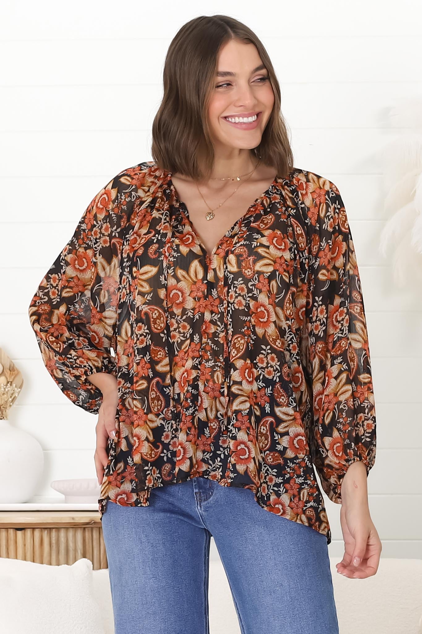 Marietta Top - Pull Over Plisse Blouse with Gold Tinsel Threading in Avilla Print