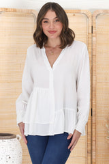 Nell Linen Top - A-Symmetric Detailed Button Down Shirt in White