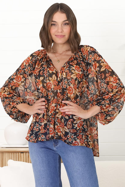 Marietta Top - Pull Over Plisse Blouse with Gold Tinsel Threading in Avilla Print