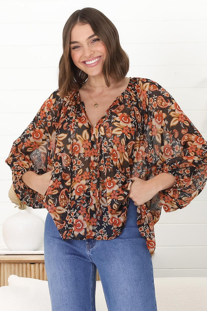 Marietta Top - Pull Over Plisse Blouse with Gold Tinsel Threading in Avilla Print