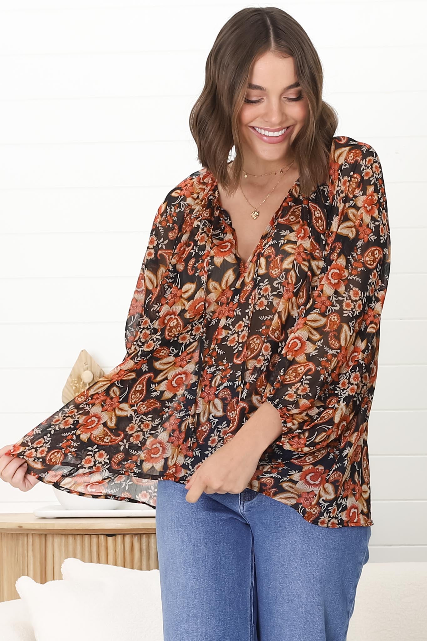 Marietta Top - Pull Over Plisse Blouse with Gold Tinsel Threading in Avilla Print