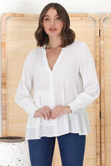 Nell Linen Top - A-Symmetric Detailed Button Down Shirt in White