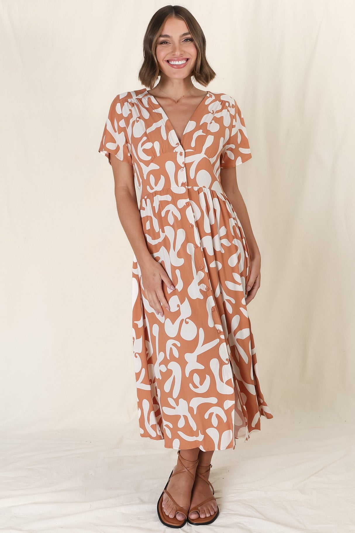 Anais Midi Dress - Cap Flutter Sleeve Button Down A Line Dress in Jaxie Print Rust