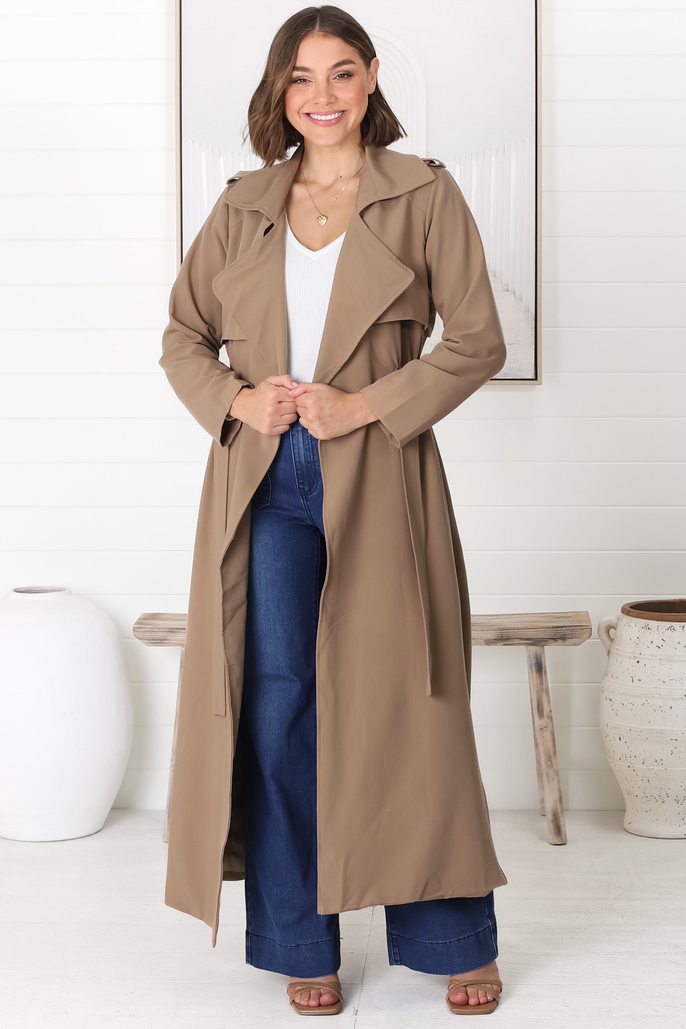 Belmore Trench Coat - Cinched Waist with Tie Coat in Taupe