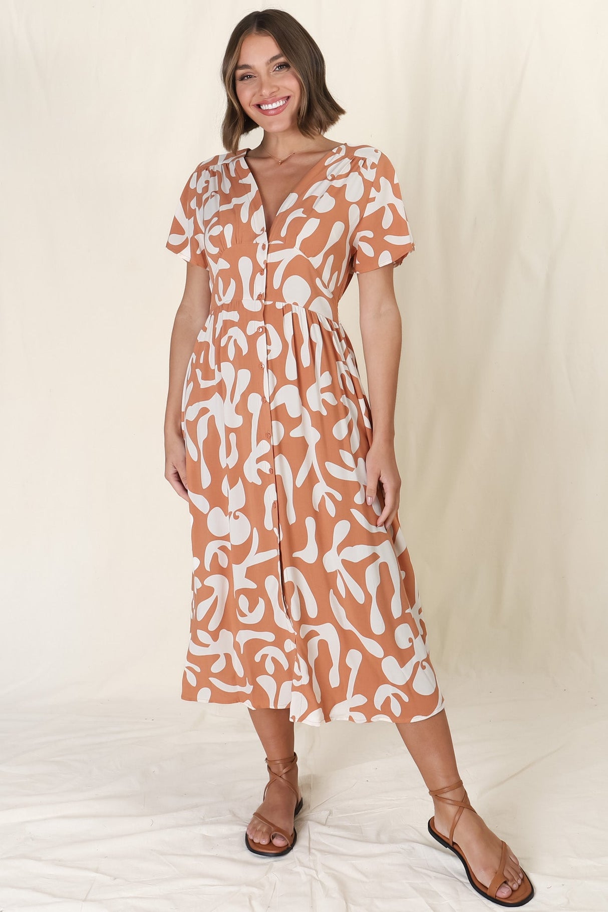 Anais Midi Dress - Cap Flutter Sleeve Button Down A Line Dress in Jaxie Print Rust