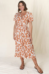 Anais Midi Dress - Cap Flutter Sleeve Button Down A Line Dress in Jaxie Print Rust