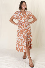 Anais Midi Dress - Cap Flutter Sleeve Button Down A Line Dress in Jaxie Print Rust