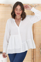 Nell Linen Top - A-Symmetric Detailed Button Down Shirt in White