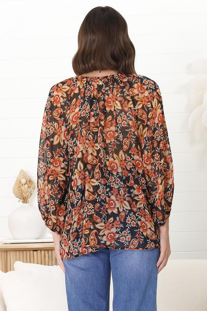 Marietta Top - Pull Over Plisse Blouse with Gold Tinsel Threading in Avilla Print