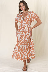 Anais Midi Dress - Cap Flutter Sleeve Button Down A Line Dress in Jaxie Print Rust