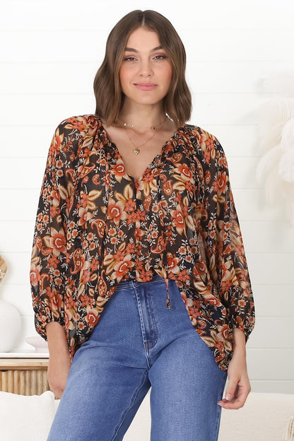 Marietta Top - Pull Over Plisse Blouse with Gold Tinsel Threading in Avilla Print