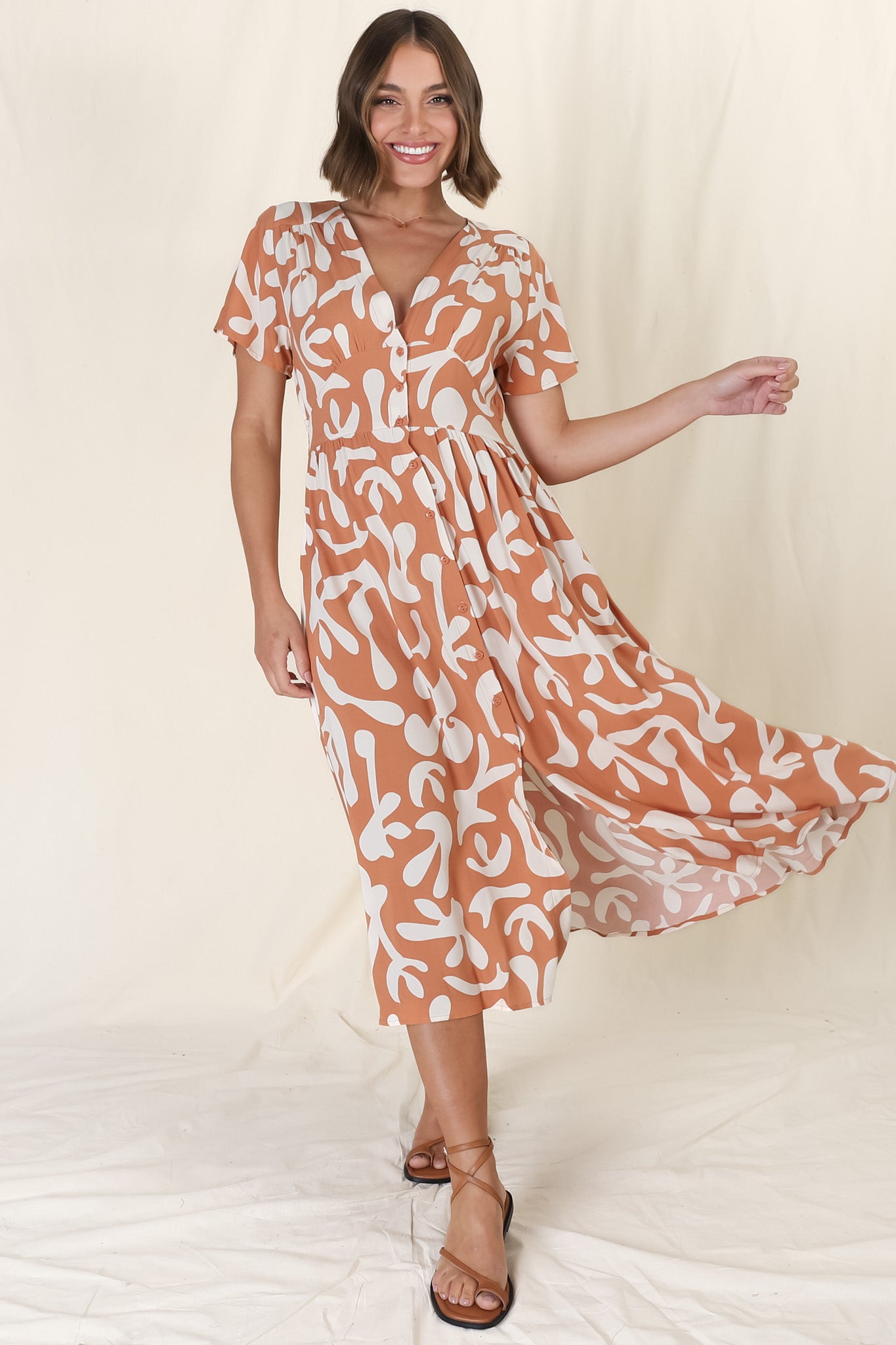 Anais Midi Dress - Cap Flutter Sleeve Button Down A Line Dress in Jaxie Print Rust