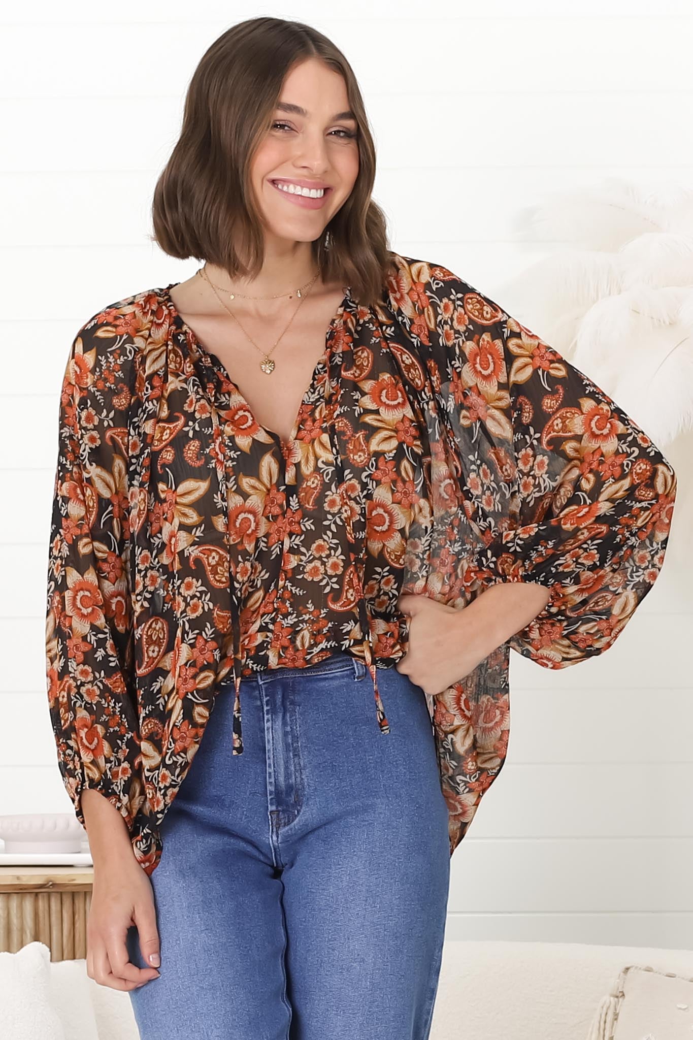 Marietta Top - Pull Over Plisse Blouse with Gold Tinsel Threading in Avilla Print