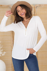 Cecile Top - Zipper Detail V Neck Top in White