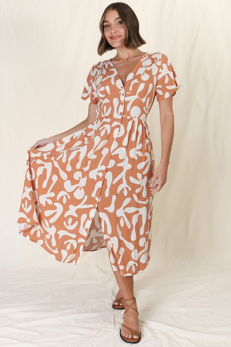 Anais Midi Dress - Cap Flutter Sleeve Button Down A Line Dress in Jaxie Print Rust