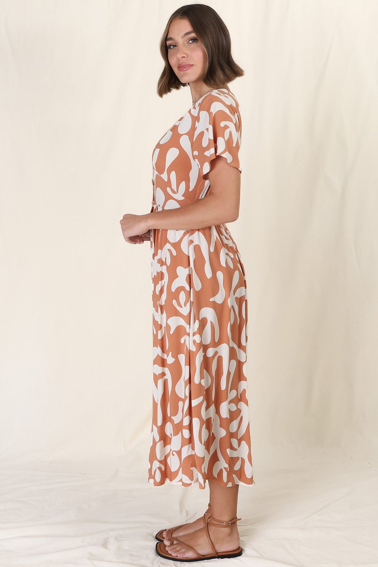 Anais Midi Dress - Cap Flutter Sleeve Button Down A Line Dress in Jaxie Print Rust