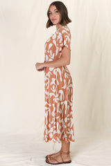 Anais Midi Dress - Cap Flutter Sleeve Button Down A Line Dress in Jaxie Print Rust