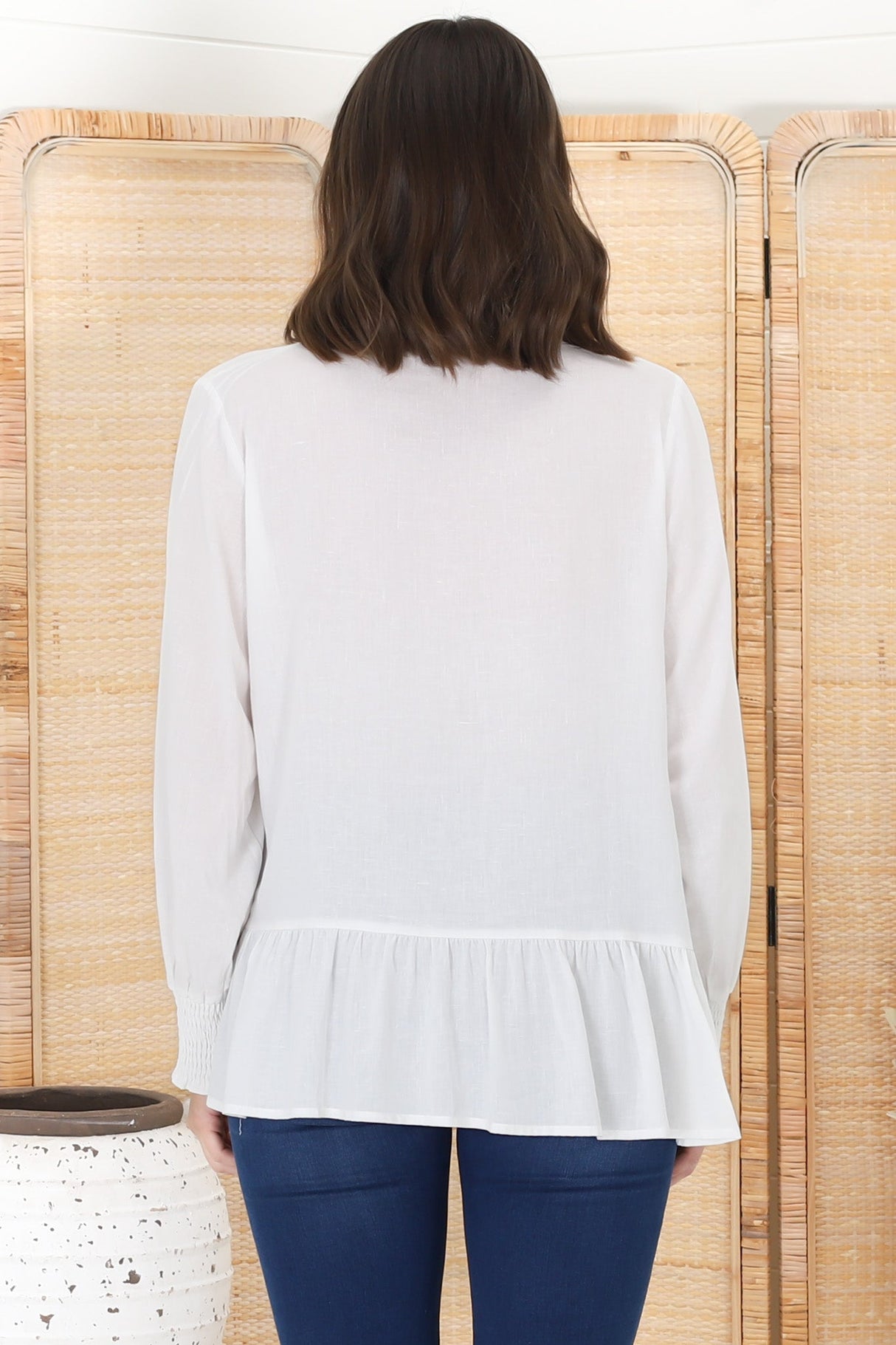 Nell Linen Top - A-Symmetric Detailed Button Down Shirt in White