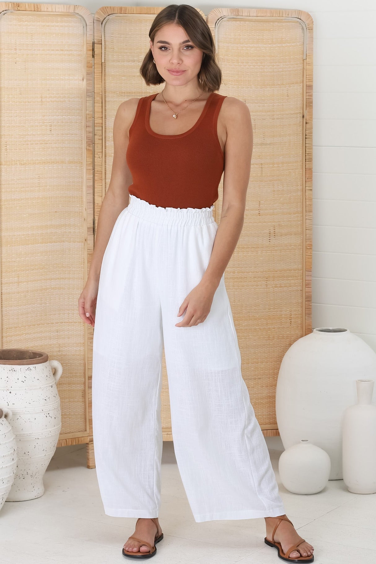 Crawley Linen Pants - Paper Bag High Waisted Pants in White