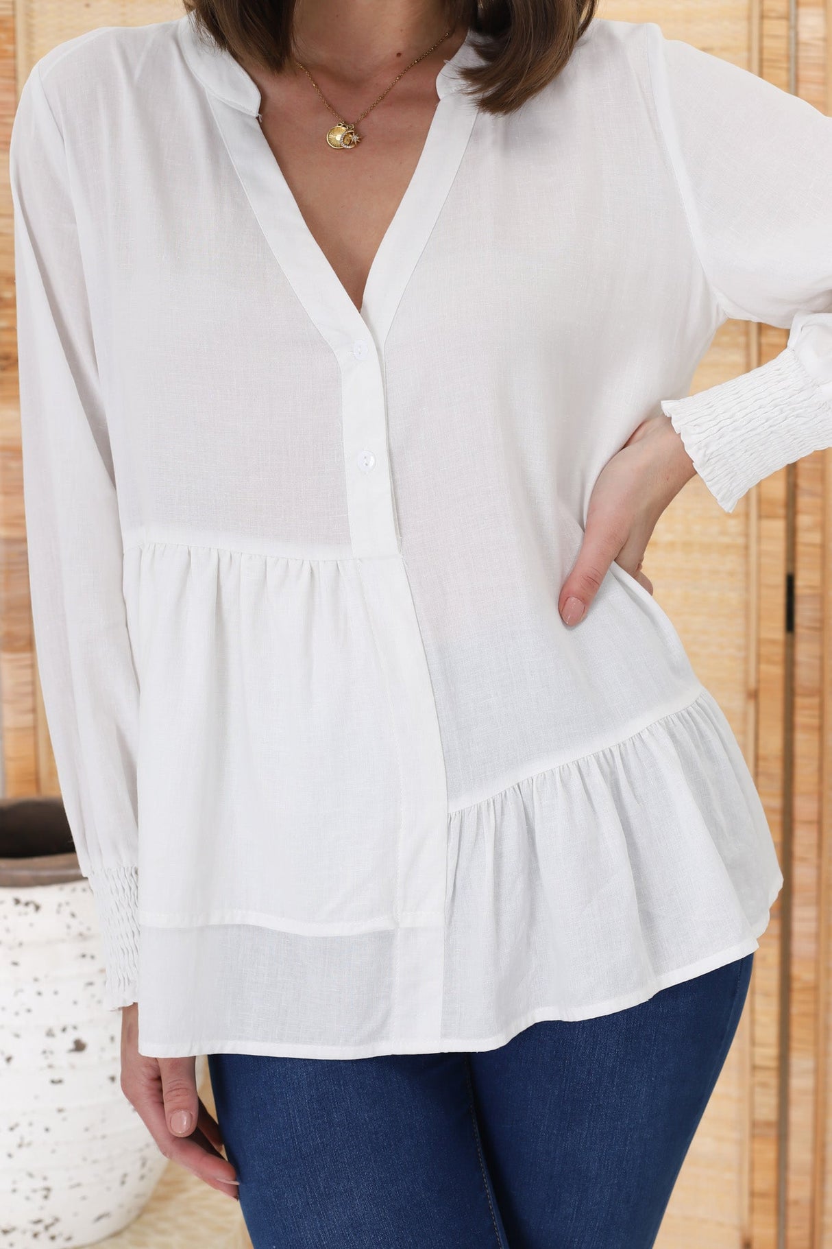 Nell Linen Top - A-Symmetric Detailed Button Down Shirt in White