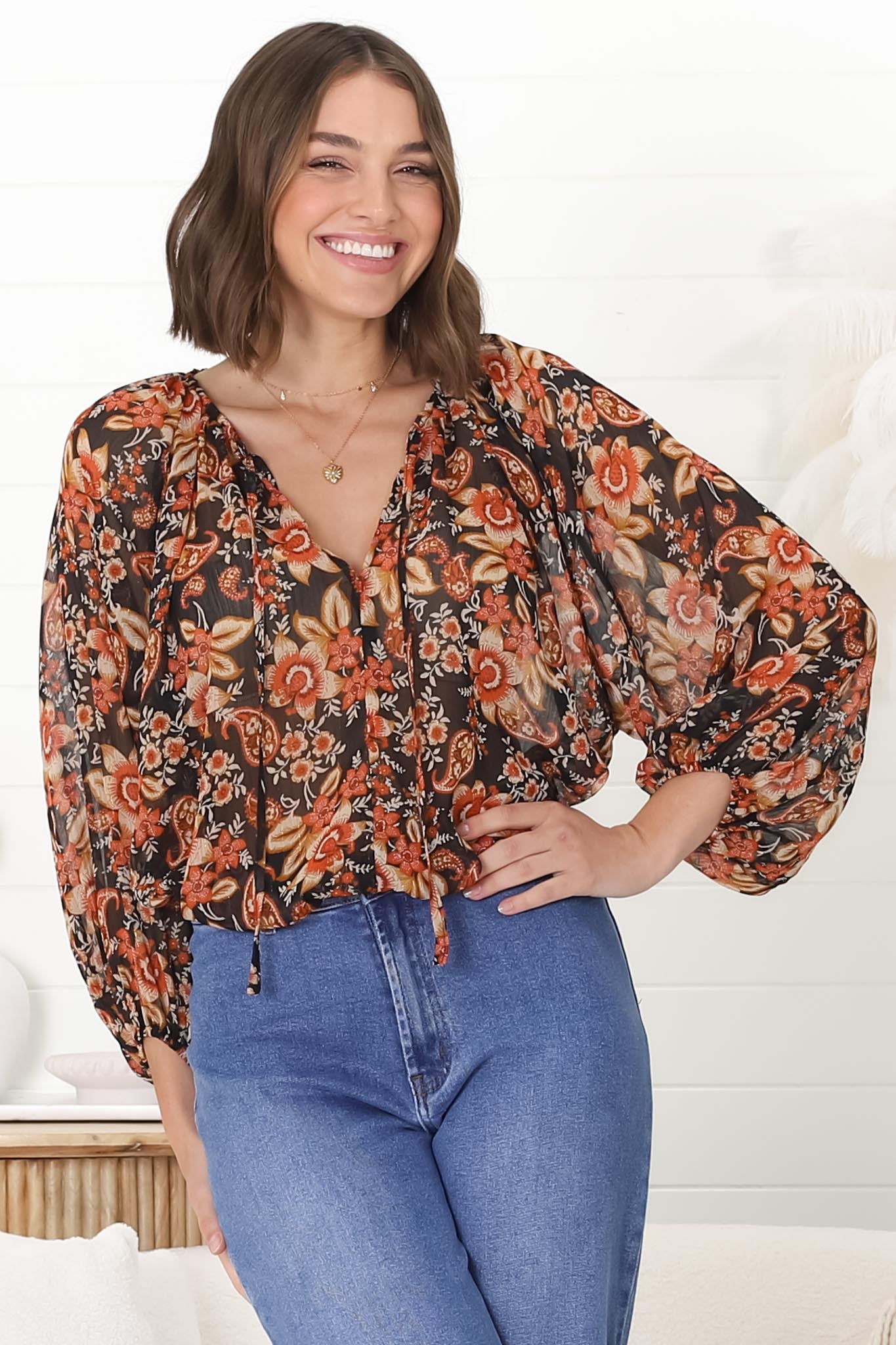 Marietta Top - Pull Over Plisse Blouse with Gold Tinsel Threading in Avilla Print