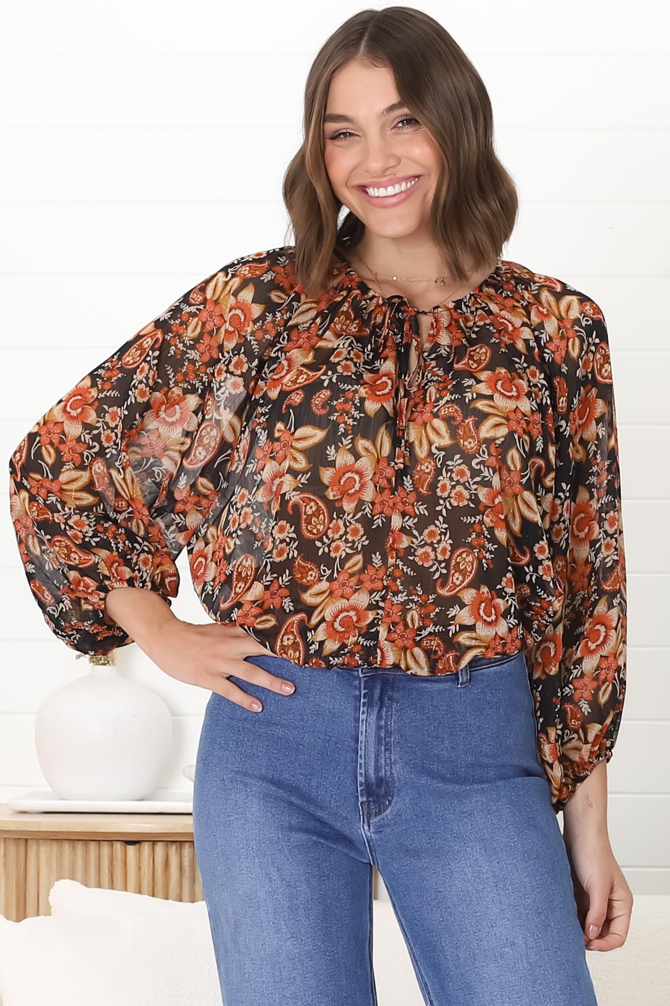 Marietta Top - Pull Over Plisse Blouse with Gold Tinsel Threading in Avilla Print