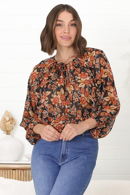 Marietta Top - Pull Over Plisse Blouse with Gold Tinsel Threading in Avilla Print