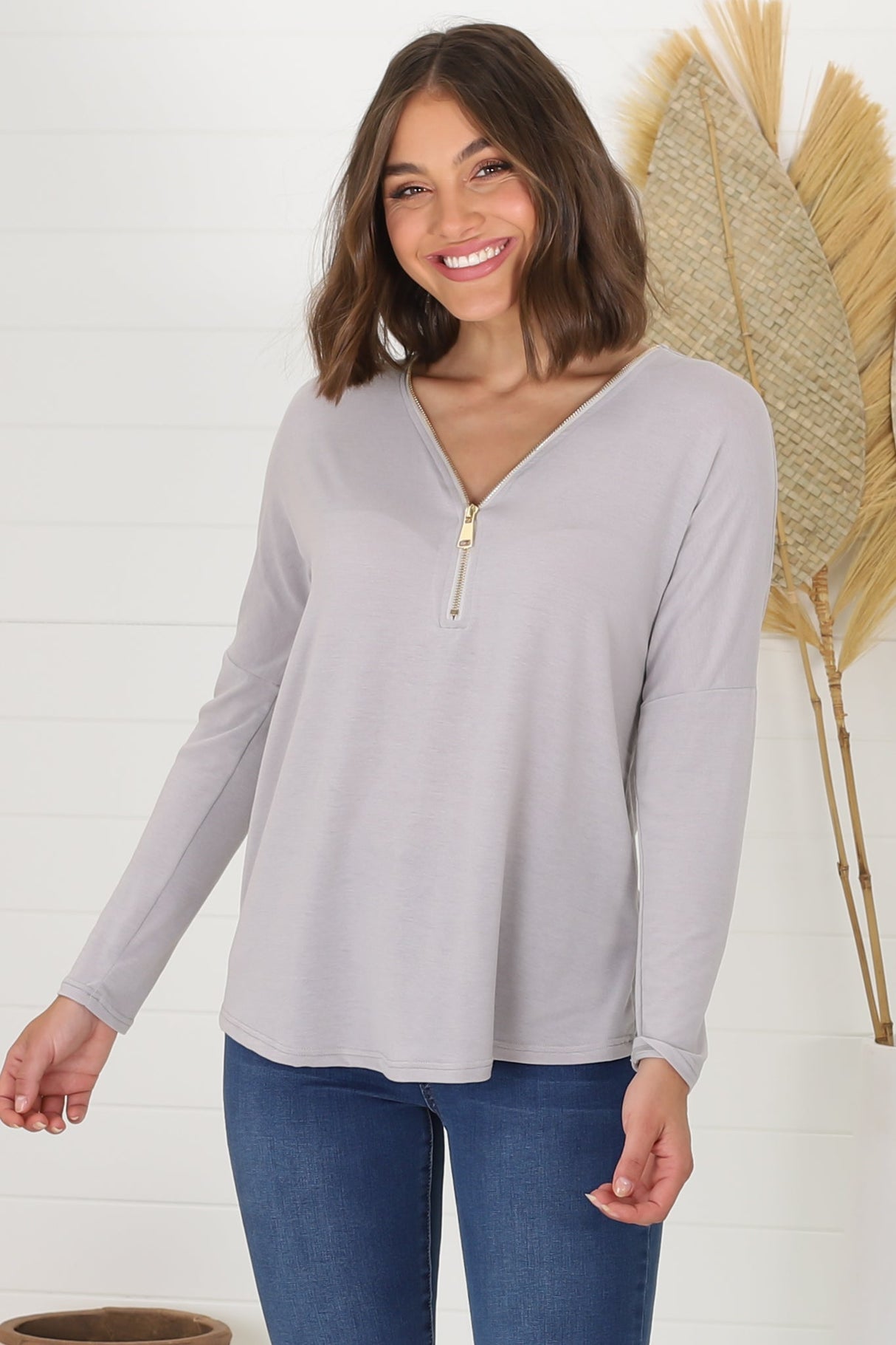 Cecile Top - Zipper Detail V Neck Top in Grey