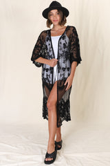 Haylo Kimono - Floral Lace Kimono with Scallop Hemline in Black