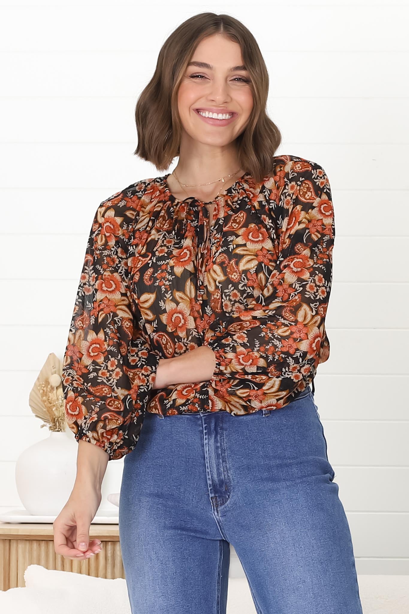 Marietta Top - Pull Over Plisse Blouse with Gold Tinsel Threading in Avilla Print