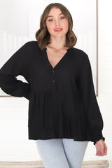 Nell Linen Top - A-Symmetric Detailed Button Down Shirt in Black