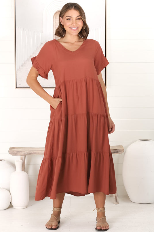 Ame Midi Dress - V Neck Frill Sleeve Tiered Dress in Rust