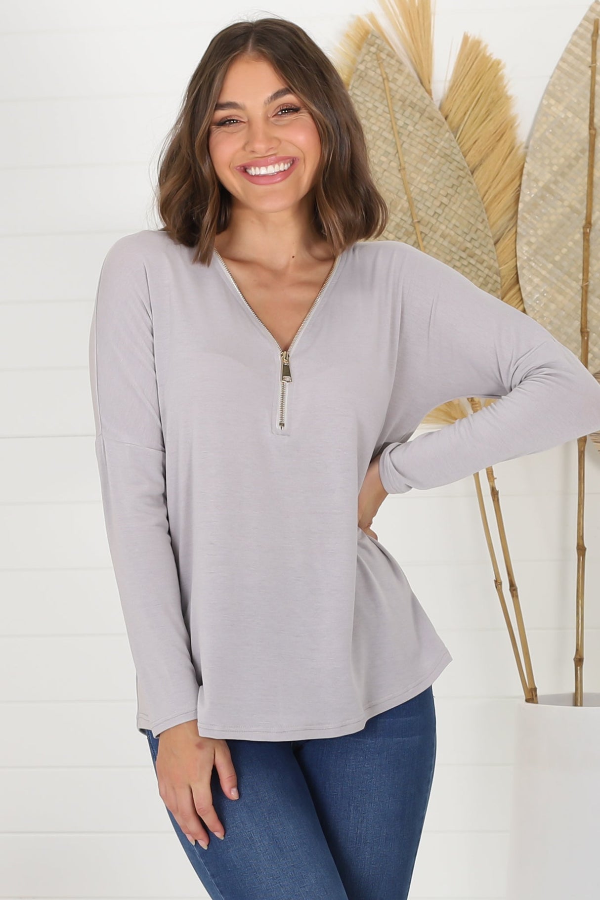 Cecile Top - Zipper Detail V Neck Top in Grey