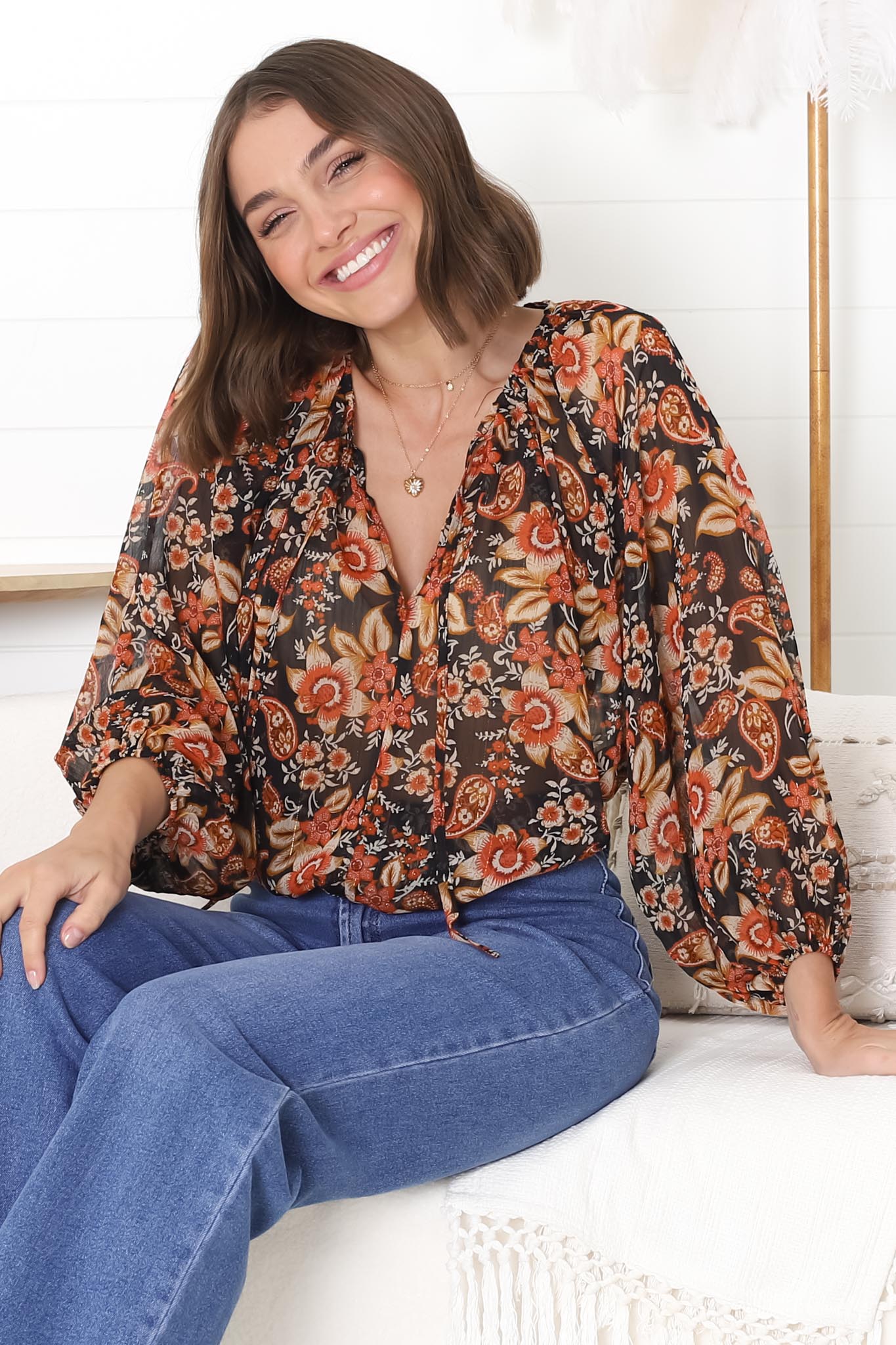 Marietta Top - Pull Over Plisse Blouse with Gold Tinsel Threading in Avilla Print