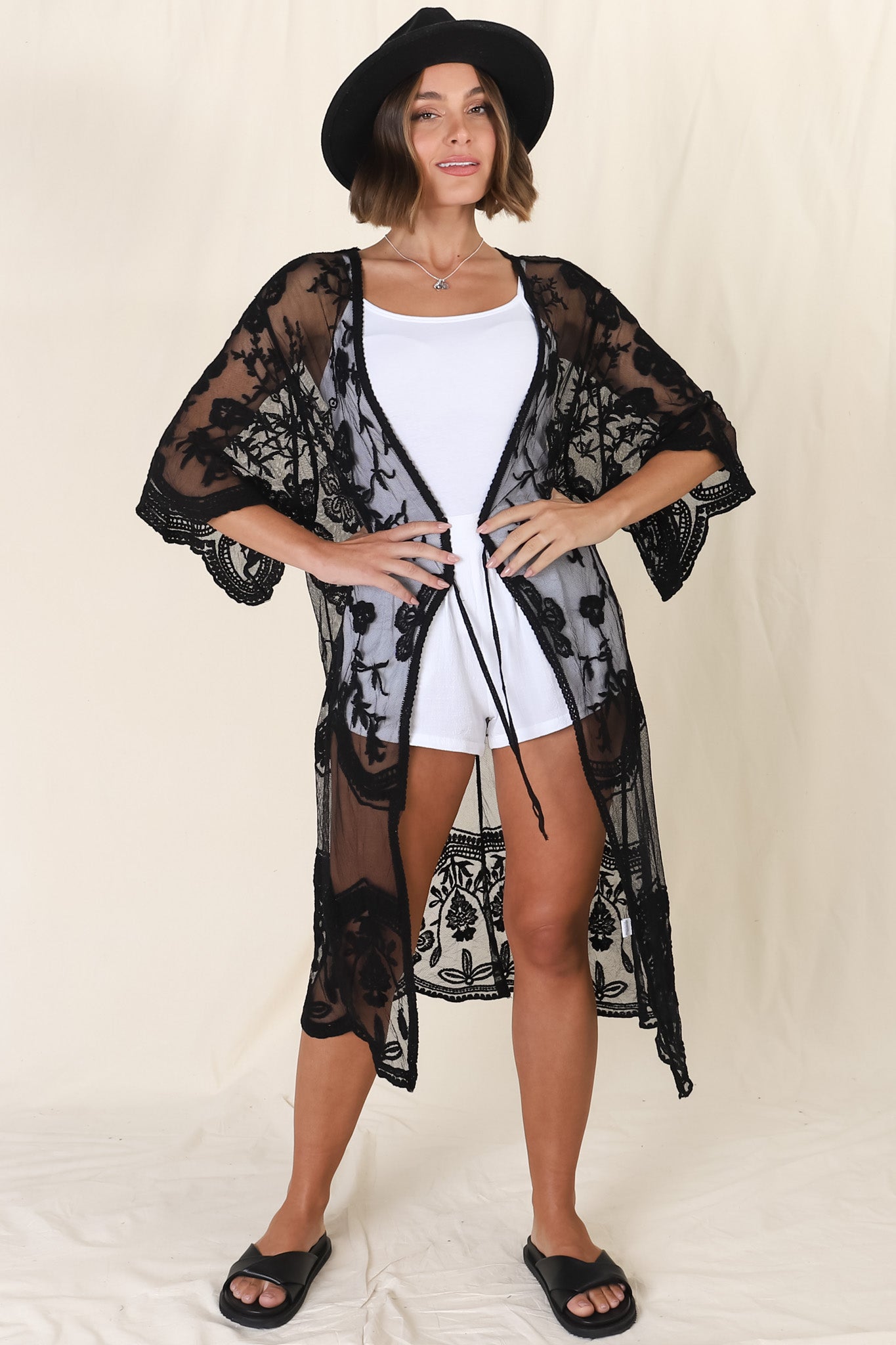Haylo Kimono - Floral Lace Kimono with Scallop Hemline in Black