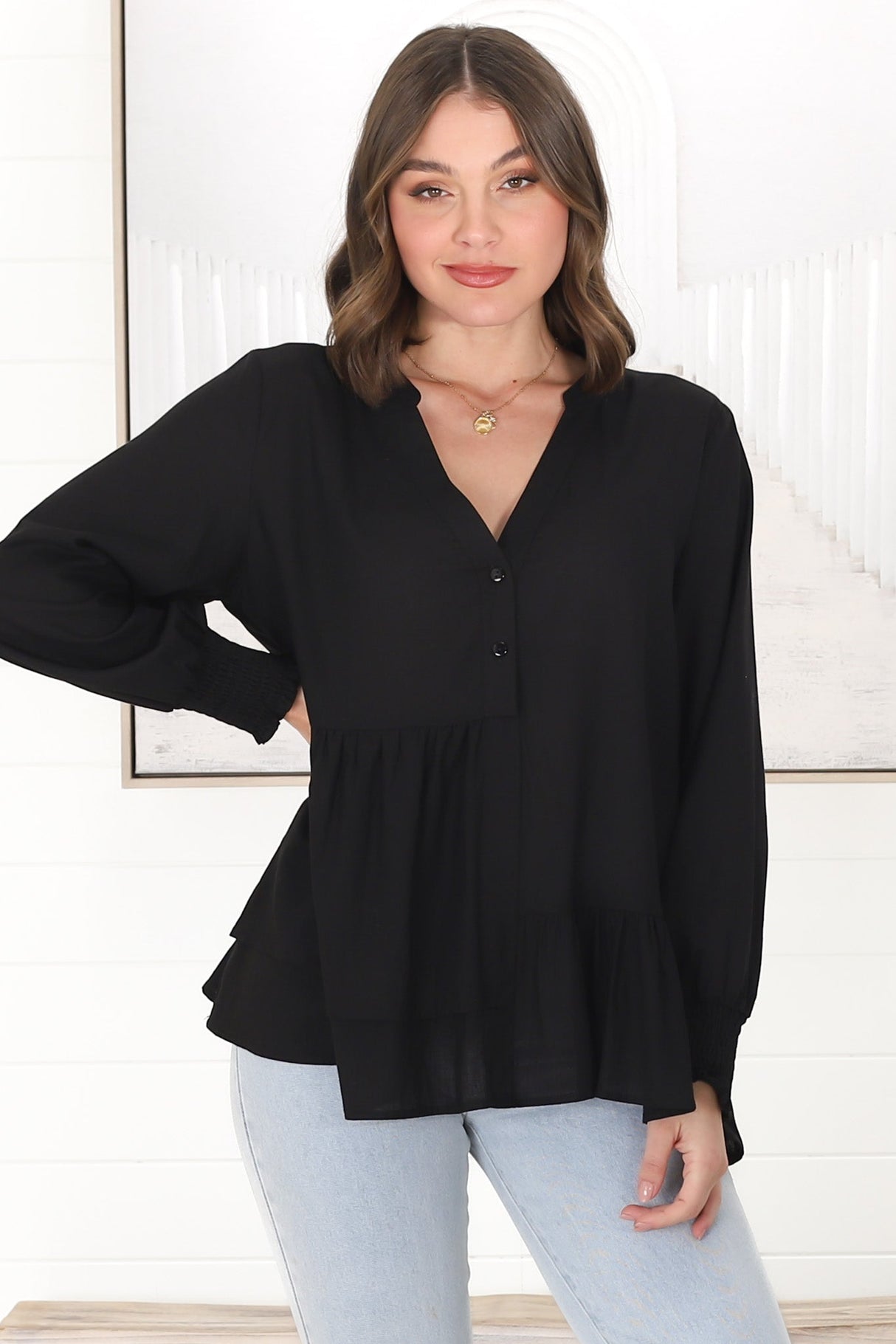 Nell Linen Top - A-Symmetric Detailed Button Down Shirt in Black