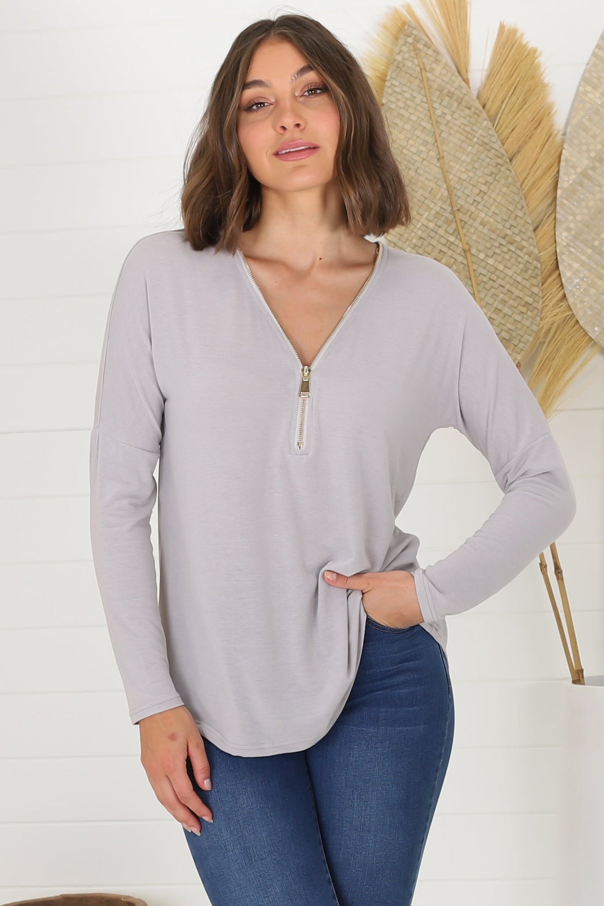 Cecile Top - Zipper Detail V Neck Top in Grey