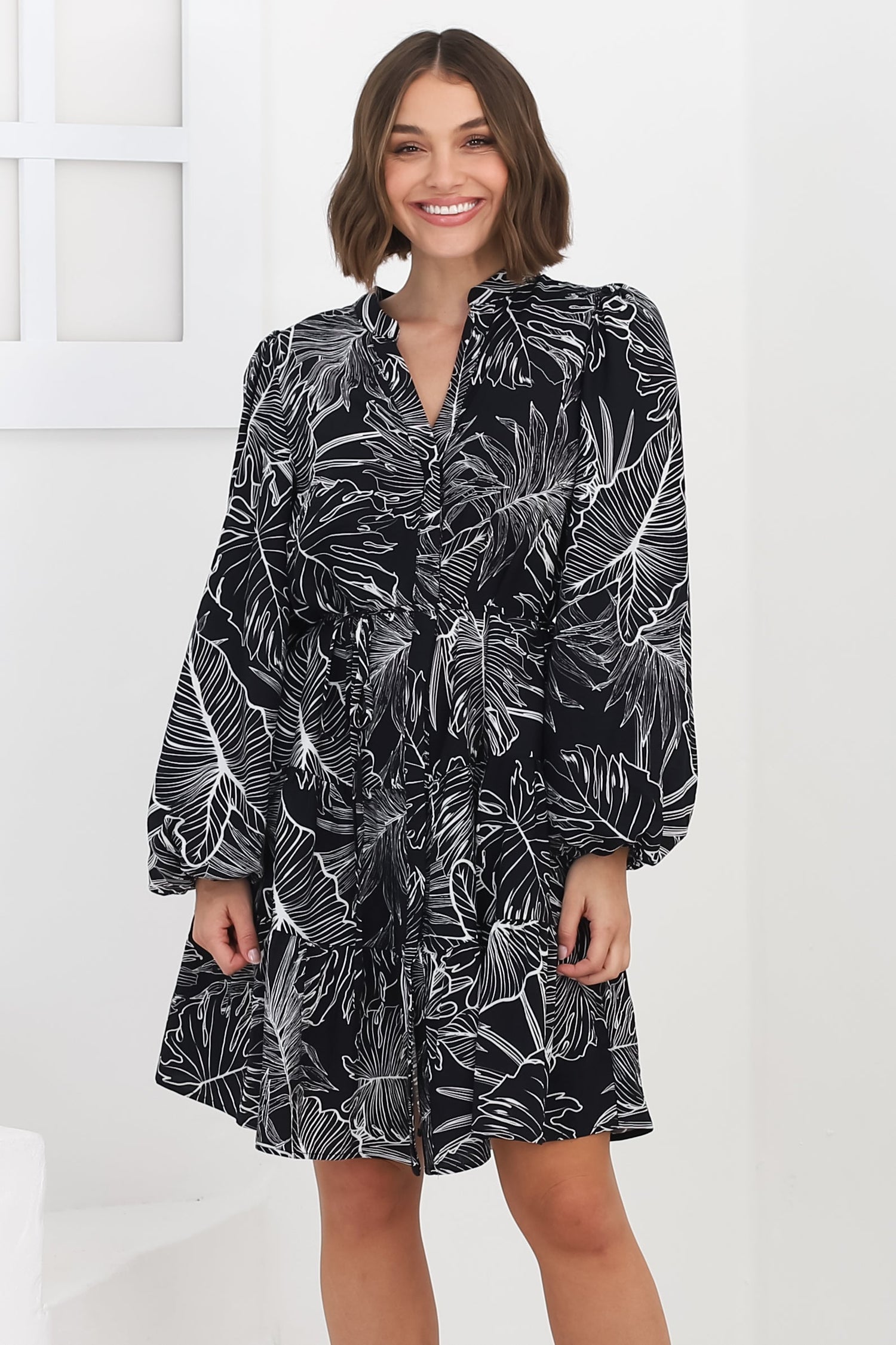 Cadell Mini Dress: Mandarin Collar Buttoned Down Dress Palm Print in Black