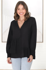 Nell Linen Top - A-Symmetric Detailed Button Down Shirt in Black