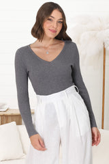 Rowland Knit Top - Ribbed V Neck Knit Top in Grey