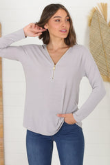 Cecile Top - Zipper Detail V Neck Top in Grey