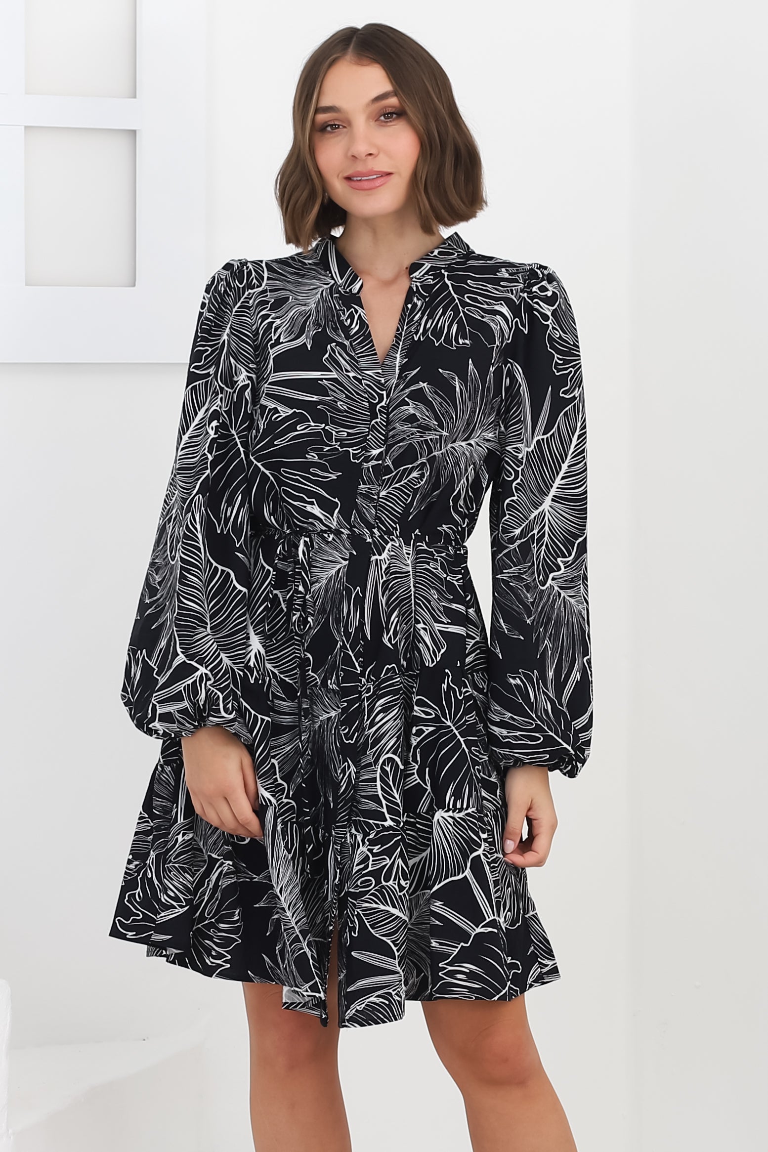 Cadell Mini Dress: Mandarin Collar Buttoned Down Dress Palm Print in Black