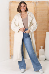 Blaze Denim Coat - Balloon Sleeve Wrap Trench Coat in Ecru