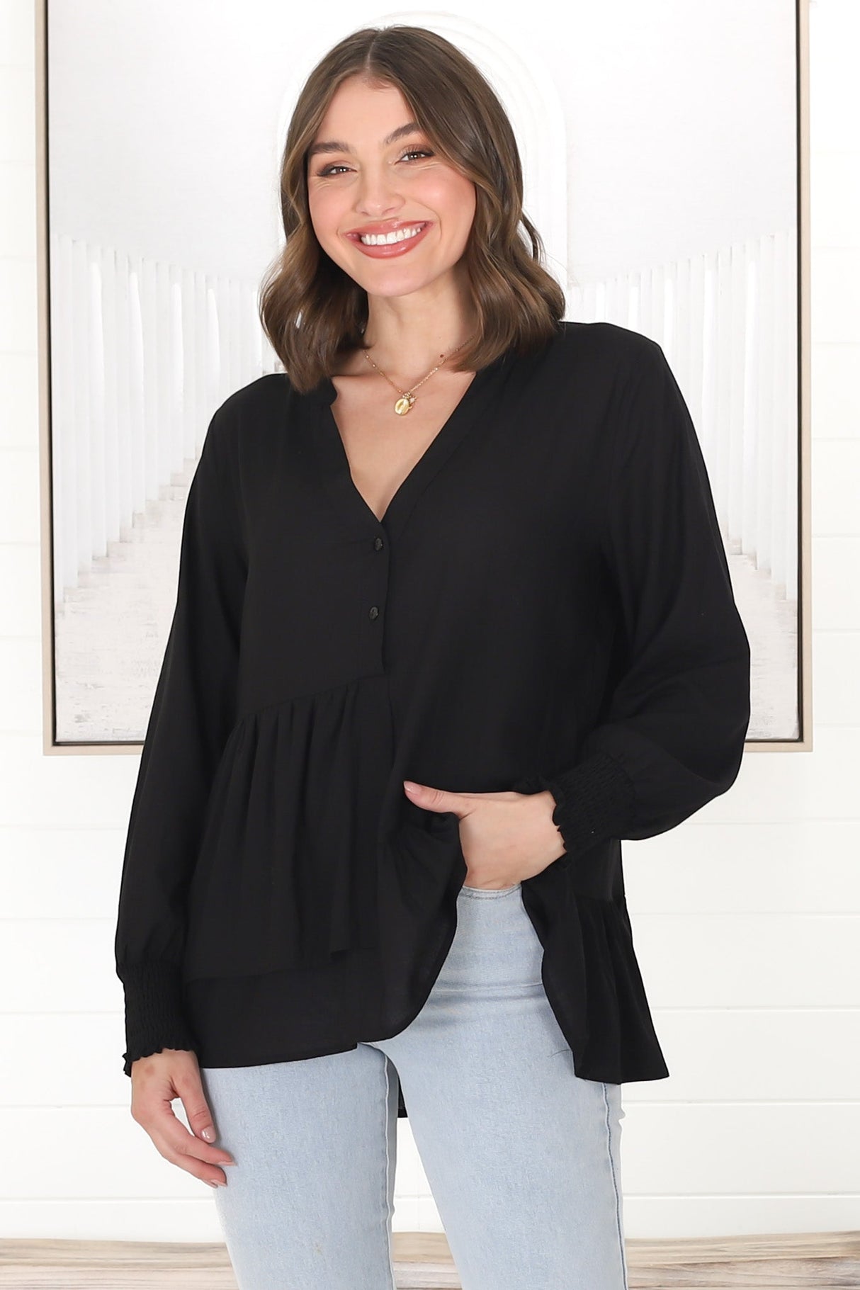 Nell Linen Top - A-Symmetric Detailed Button Down Shirt in Black