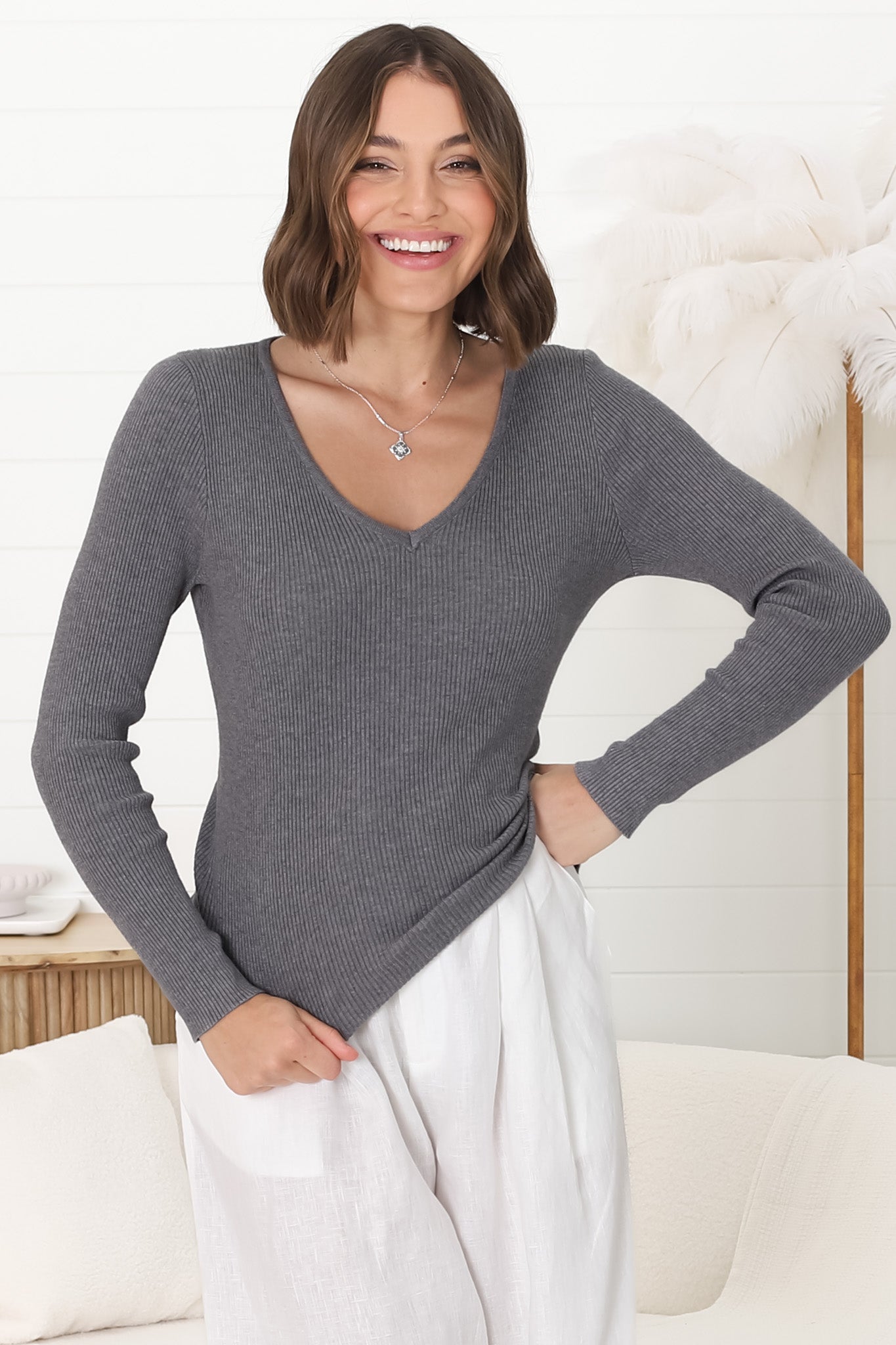 Rowland Knit Top - Ribbed V Neck Knit Top in Grey