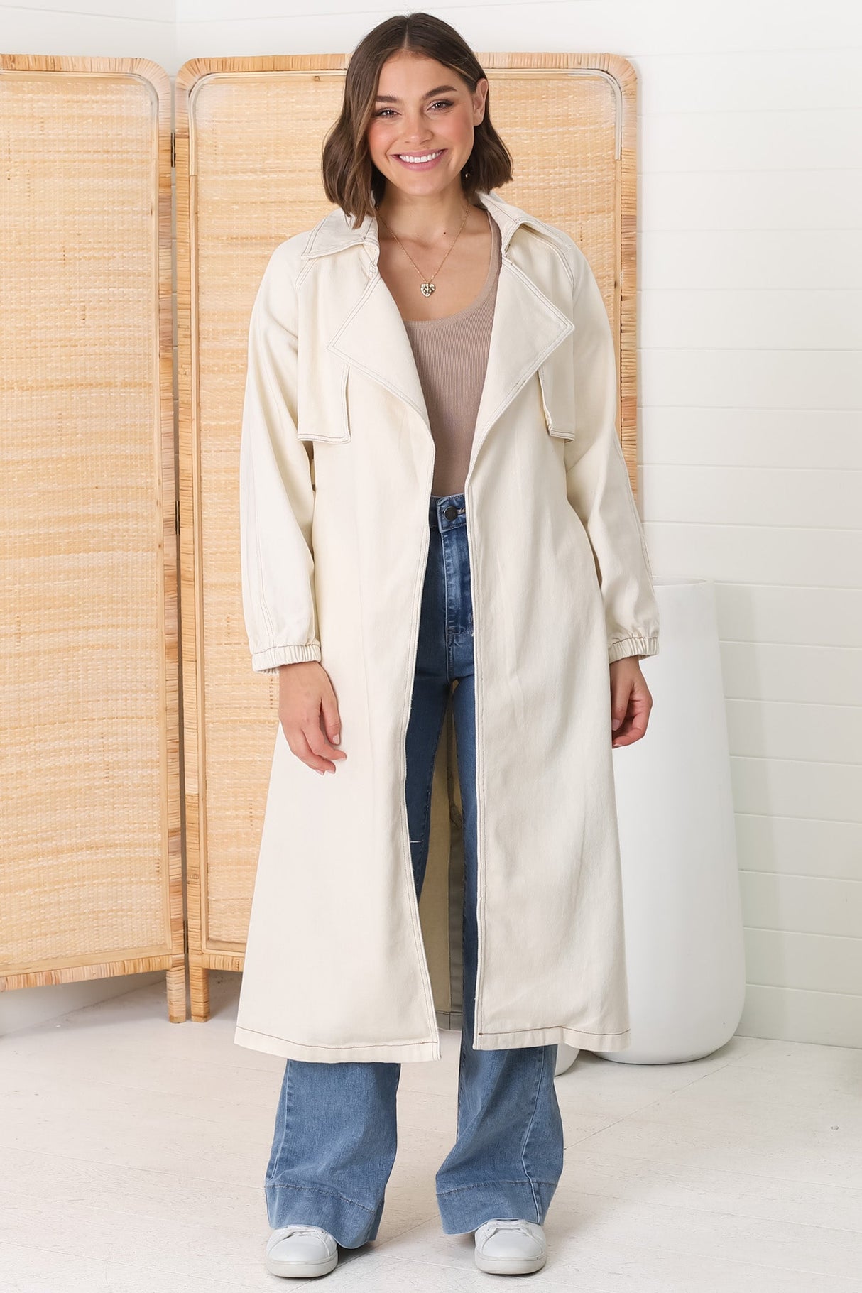 Blaze Denim Coat - Balloon Sleeve Wrap Trench Coat in Ecru