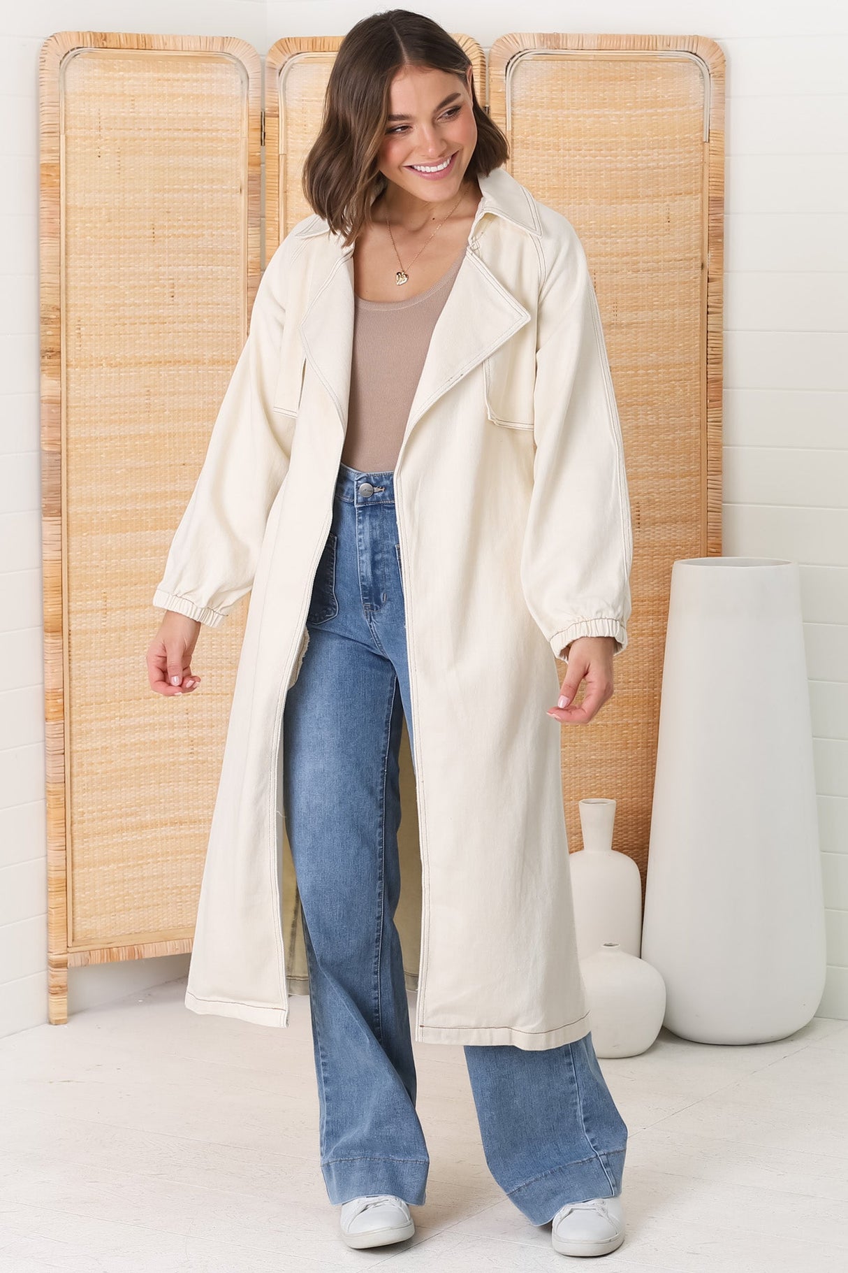 Blaze Denim Coat - Balloon Sleeve Wrap Trench Coat in Ecru