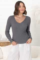 Rowland Knit Top - Ribbed V Neck Knit Top in Grey