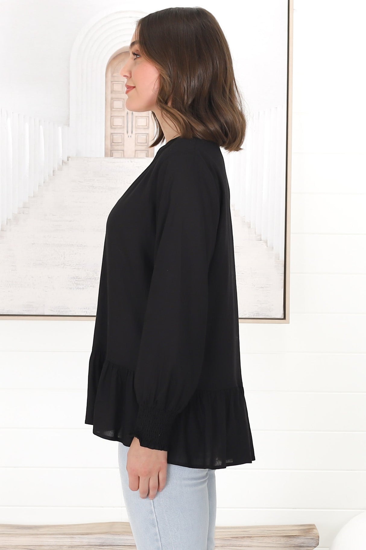 Nell Linen Top - A-Symmetric Detailed Button Down Shirt in Black